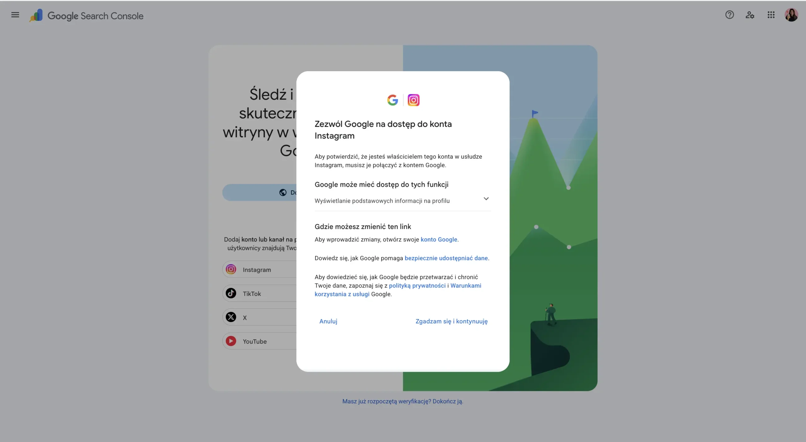 Weryfikacja i zgoda na kontynuację w Google Search Console
