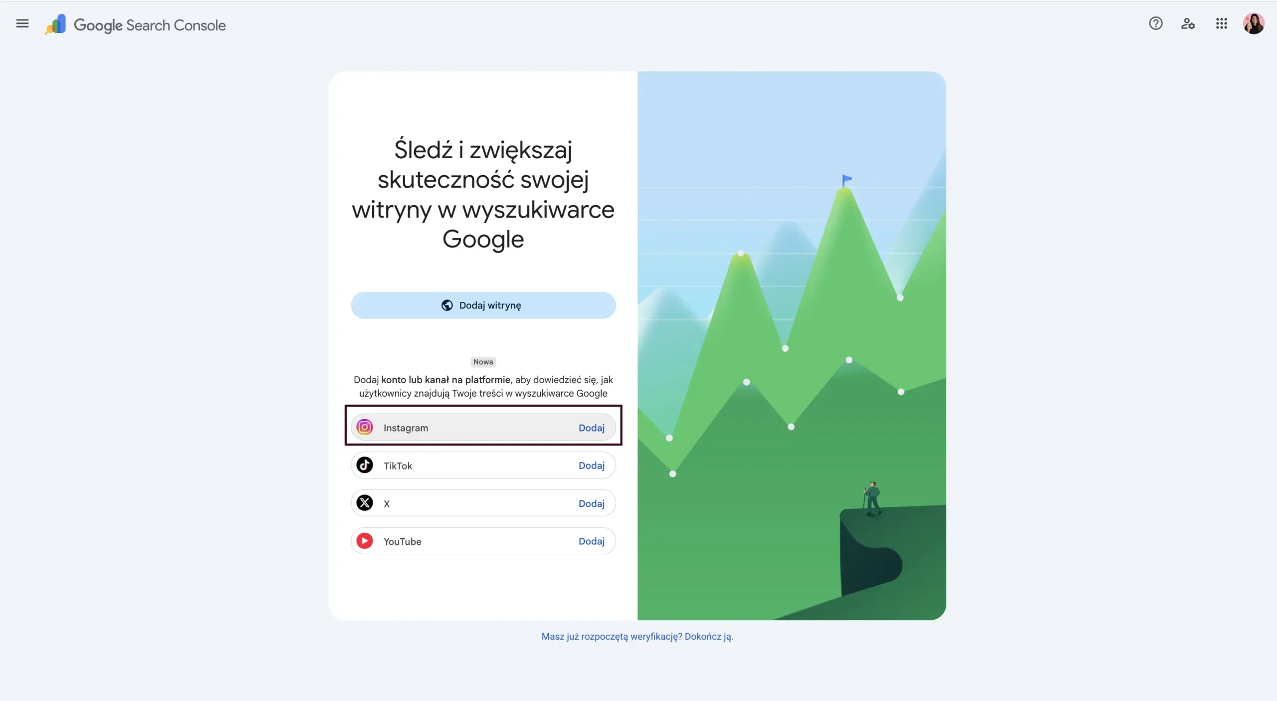 Wybieranie medium społecznościowego w Google Search Console